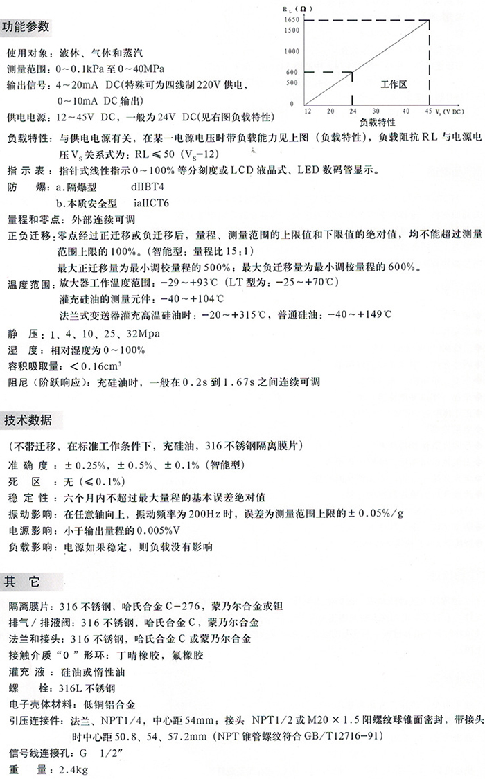 船舶差壓變送器技術參數對照表